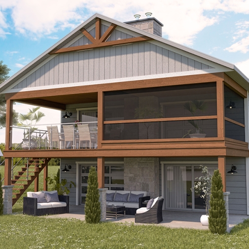 Vue arrière - MODÈLE DE BASE - Modèle de chalet contemporain, plafond cathédrale, rez-de-jardin aménagé, foyers, terrasses couvertes et esp - Happy Hour