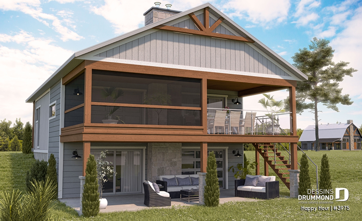 Vue arrière - MODÈLE DE BASE - Modèle de chalet contemporain, plafond cathédrale, rez-de-jardin aménagé, foyers, terrasses couvertes et esp - Happy Hour