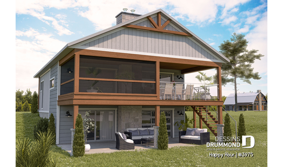 Vue arrière - MODÈLE DE BASE - Plan de chalet avec belles terrasses arrières et abri moustiquaire, fondation en rez-de-jardin - Happy Hour