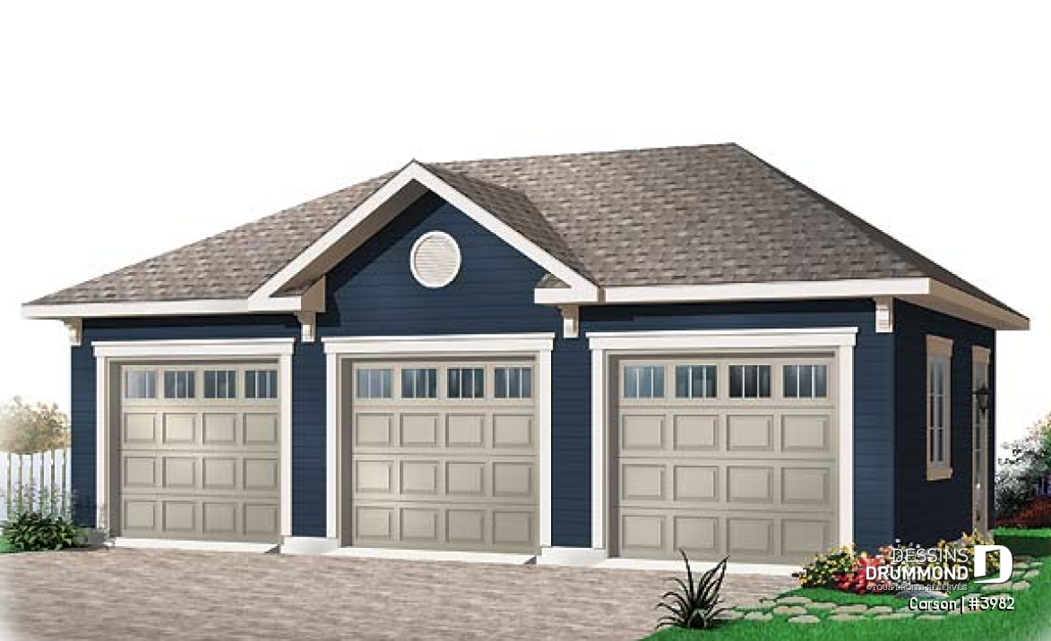 Vue avant - MODÈLE DE BASE - Plan de garage triple, pouvant s'harmoniser avec tous les styles de maison - Carson