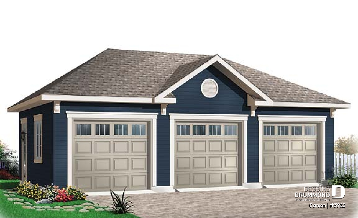 Vue avant - MODÈLE DE BASE - Plan de garage triple, pouvant s'harmoniser avec tous les styles de maison - Carson