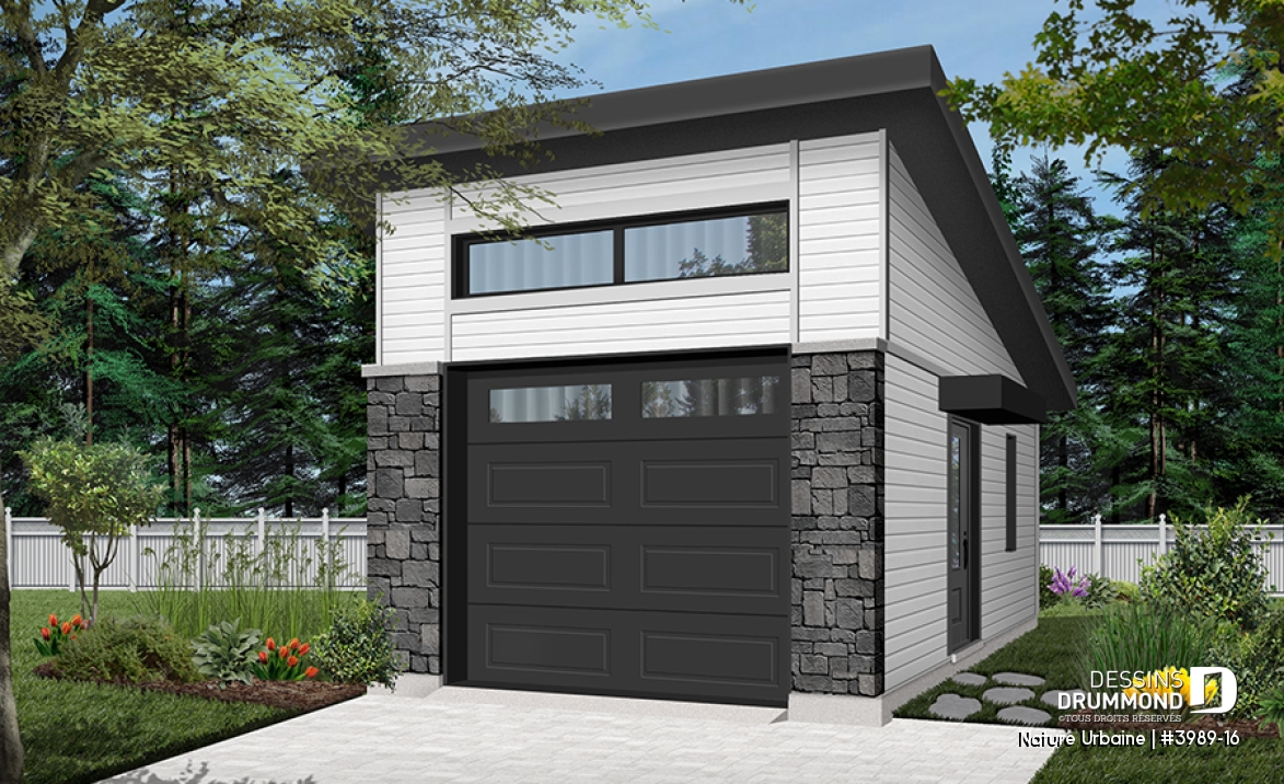 Vue avant - MODÈLE DE BASE - Garage pour une voiture, de style moderne, parfait pour maison contemporaine, beaucoup de lumière - Nature Urbaine
