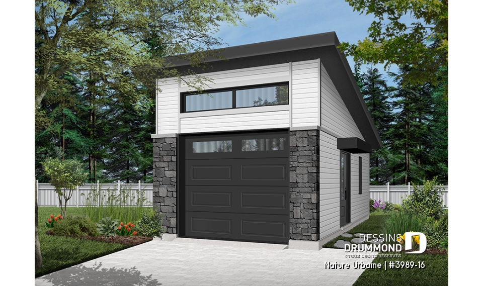 Vue avant - MODÈLE DE BASE - Garage pour une voiture, de style moderne, parfait pour maison contemporaine, beaucoup de lumière - Nature Urbaine