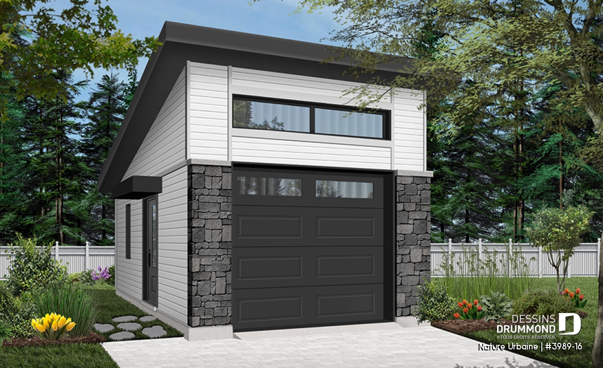 Vue avant - MODÈLE DE BASE - Garage pour une voiture, de style moderne, parfait pour maison contemporaine, beaucoup de lumière - Nature Urbaine