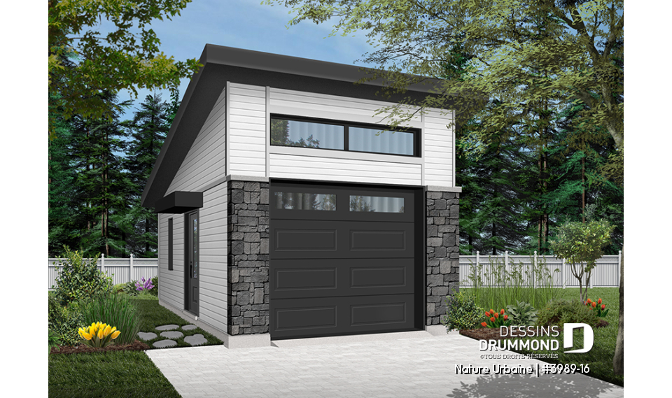 Vue avant - MODÈLE DE BASE - Garage pour une voiture, de style moderne, parfait pour maison contemporaine, beaucoup de lumière - Nature Urbaine