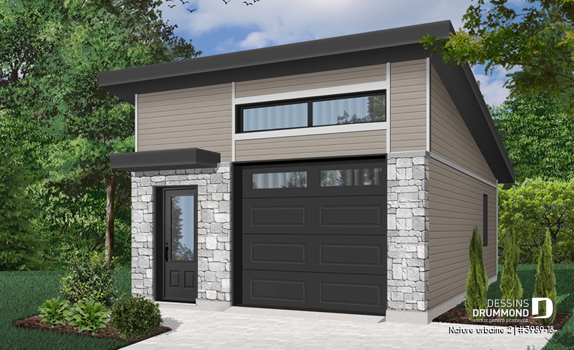 Vue avant - MODÈLE DE BASE - Garage simple de style contemporaine, pratique pour son espace rangement, hauteur plafond variable - Nature urbaine 2