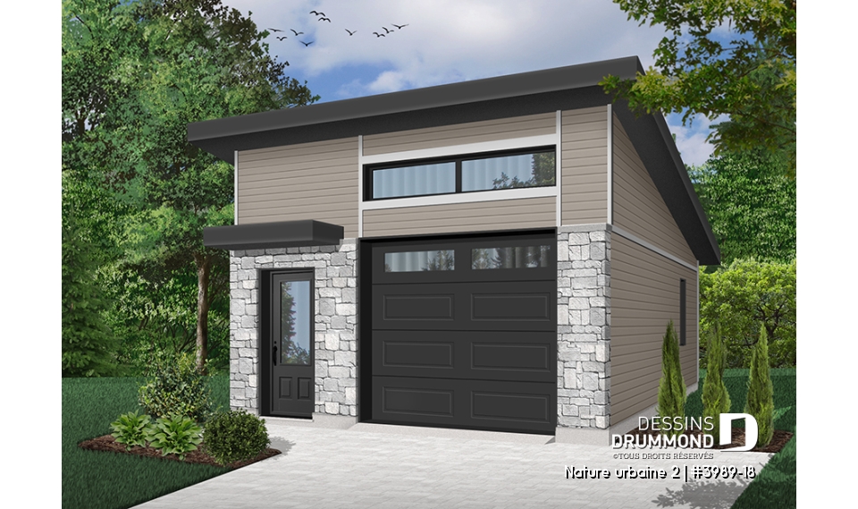 Vue avant - MODÈLE DE BASE - Garage simple de style contemporaine, pratique pour son espace rangement, hauteur plafond variable - Nature urbaine 2
