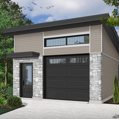 Vue avant - MODÈLE DE BASE - Garage simple de style contemporaine, pratique pour son espace rangement, hauteur plafond variable - Nature urbaine 2