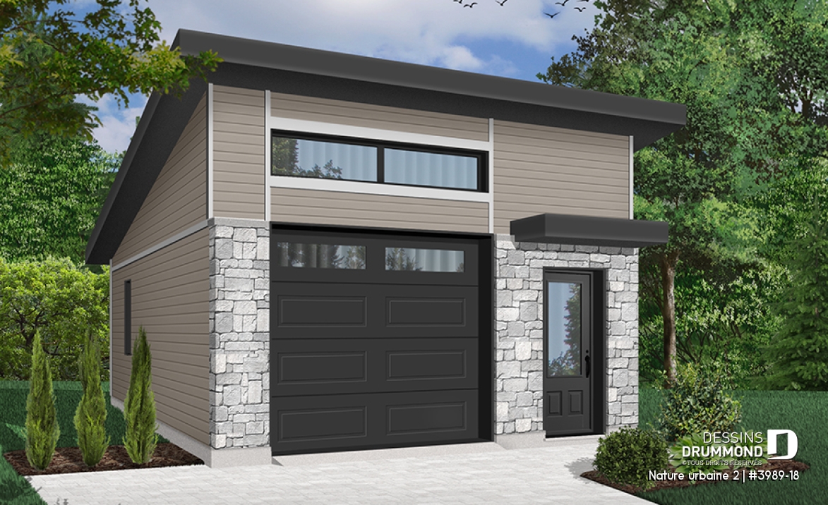 Vue avant - MODÈLE DE BASE - Garage simple de style contemporaine, pratique pour son espace rangement, hauteur plafond variable - Nature urbaine 2