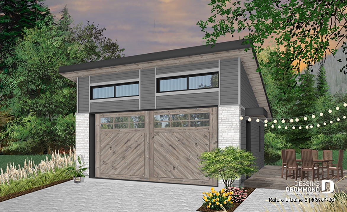 Vue avant - MODÈLE DE BASE - Plan de garage pour 2 voiture, une seule porte de garage, accès pratique par porte latérale - Nature Urbaine 3