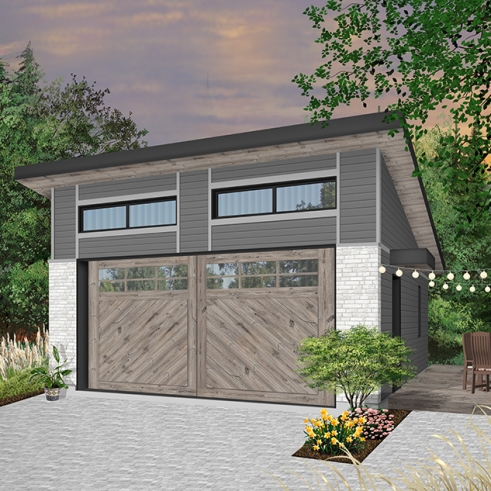 Vue avant - MODÈLE DE BASE - Plan de garage pour 2 voiture, une seule porte de garage, accès pratique par porte latérale - Nature Urbaine 3