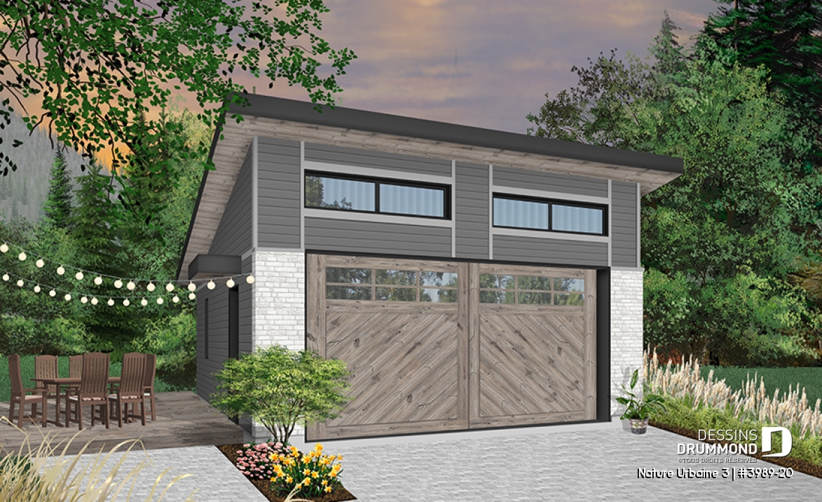 Vue avant - MODÈLE DE BASE - Plan de garage pour 2 voiture, une seule porte de garage, accès pratique par porte latérale - Nature Urbaine 3