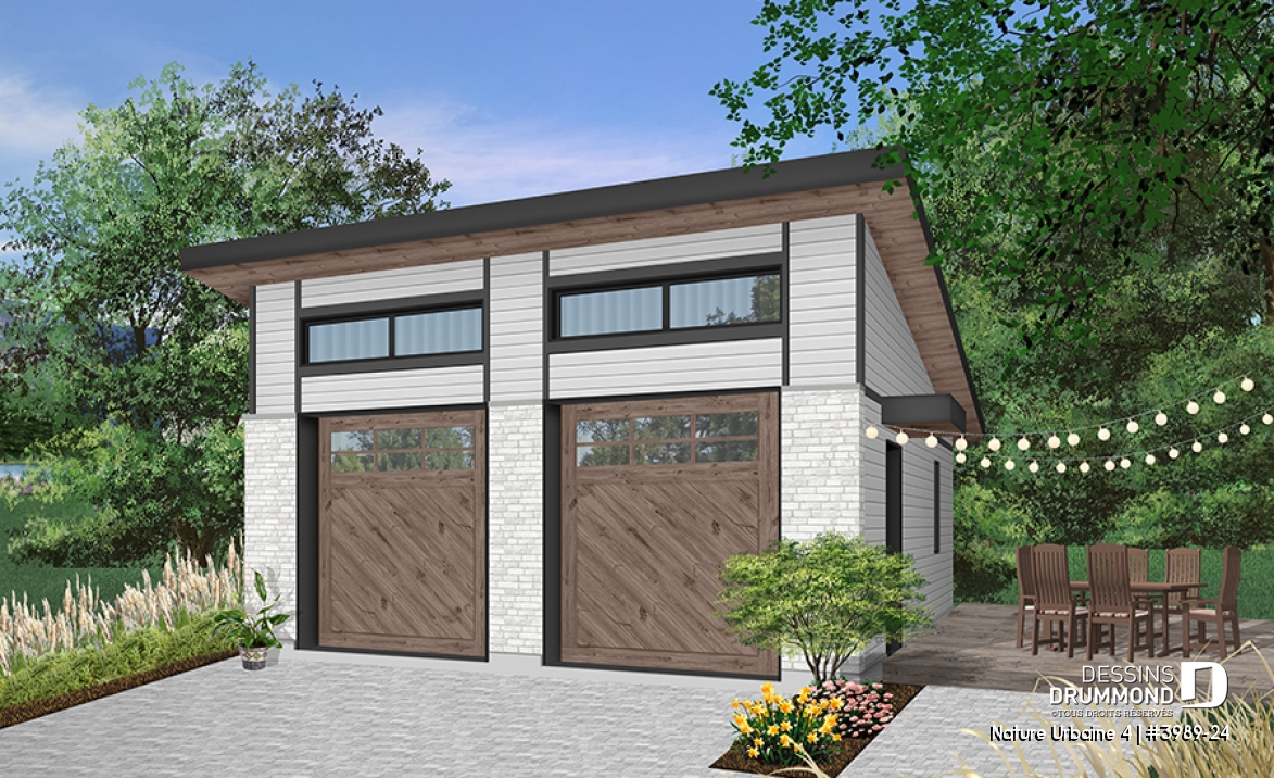 Version couleur no. 1 - Vue avant - Plan de garage pour 2 voitures, avec 2 portes de garage, accès latéral par une porte, 2 fenêtres - Nature Urbaine 4