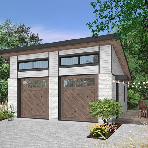 Version couleur no. 1 - Vue avant - Plan de garage pour 2 voitures, avec 2 portes de garage, accès latéral par une porte, 2 fenêtres - Nature Urbaine 4