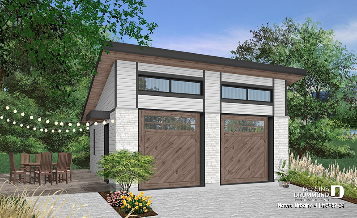 Version couleur no. 1 - Vue avant - Plan de garage pour 2 voitures, avec 2 portes de garage, accès latéral par une porte, 2 fenêtres - Nature Urbaine 4