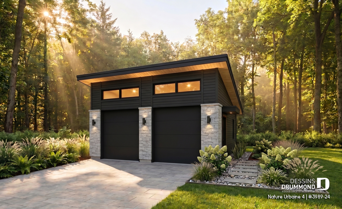 Vue avant - MODÈLE DE BASE - Plan de garage pour 2 voitures, avec 2 portes de garage, accès latéral par une porte, 2 fenêtres - Nature Urbaine 4
