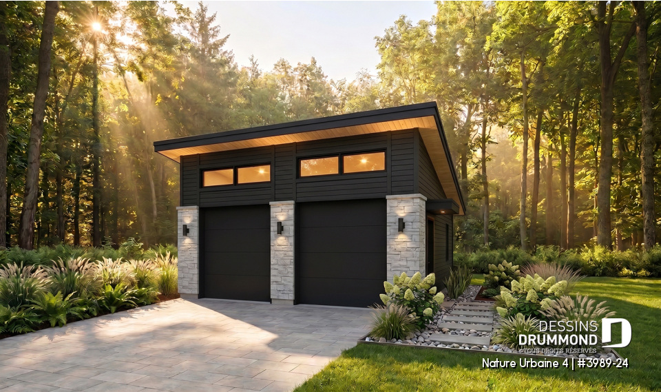 Vue avant - MODÈLE DE BASE - Plan de garage pour 2 voitures, avec 2 portes de garage, accès latéral par une porte, 2 fenêtres - Nature Urbaine 4
