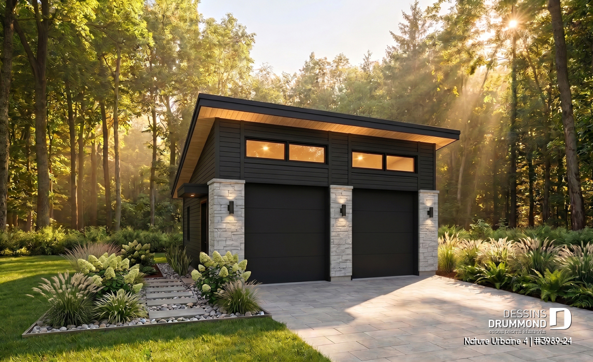 Vue avant - MODÈLE DE BASE - Plan de garage pour 2 voitures, avec 2 portes de garage, accès latéral par une porte, 2 fenêtres - Nature Urbaine 4