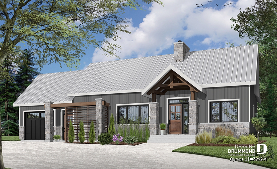 Vue avant - MODÈLE DE BASE - Plan de maison plain-pied scandinave avec garage, plafond cathédral, foyer, grande terrasse abritée - Olympe 2