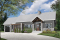 Vue avant - MODÈLE DE BASE - Plan de maison plain-pied scandinave avec garage, plafond cathédral, foyer, grande terrasse abritée - Olympe 2