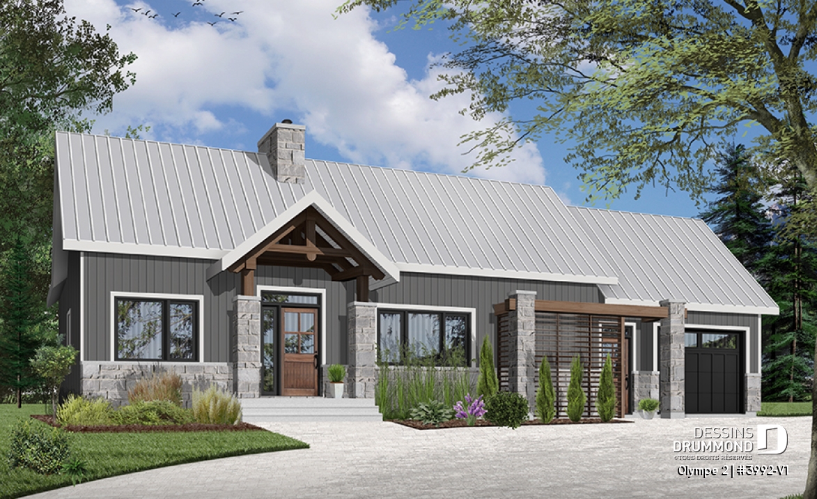 Vue avant - MODÈLE DE BASE - Plan de maison plain-pied scandinave avec garage, plafond cathédral, foyer, grande terrasse abritée - Olympe 2