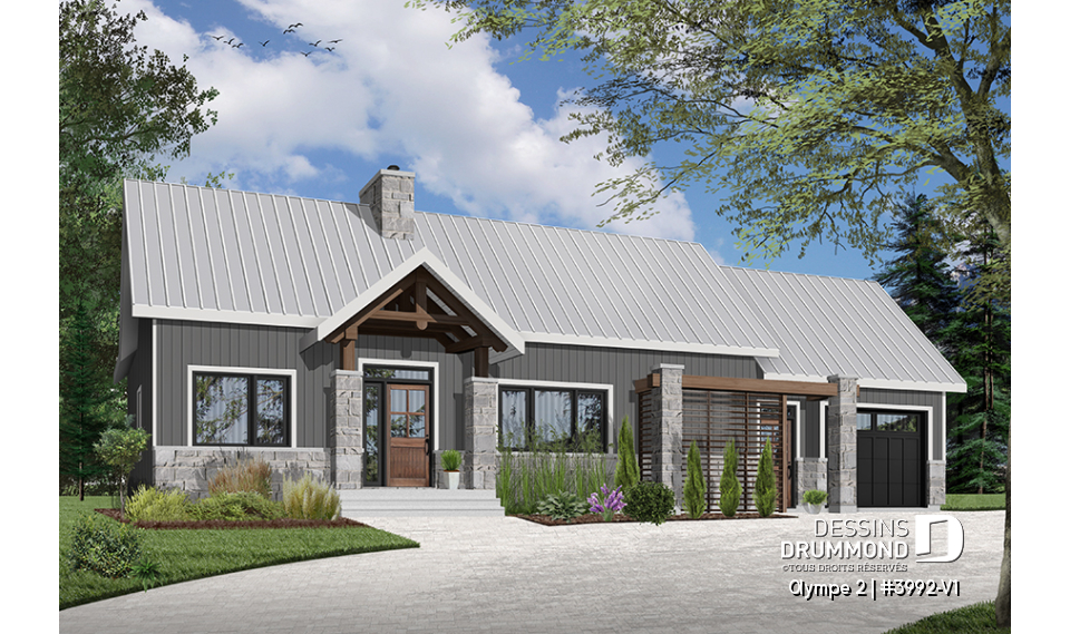 Vue avant - MODÈLE DE BASE - Plan de maison plain-pied scandinave avec garage, plafond cathédral, foyer, grande terrasse abritée - Olympe 2