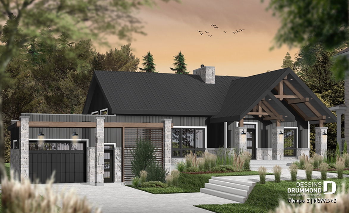 Vue avant - MODÈLE DE BASE - Plan de plain-pied 3 chambres, garage, terrasse abritée, grande cuisine, aire ouverte, foyer, cathédral - Olympe 3