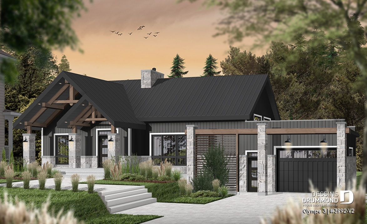 Vue avant - MODÈLE DE BASE - Plan de plain-pied 3 chambres, garage, terrasse abritée, grande cuisine, aire ouverte, foyer, cathédral - Olympe 3