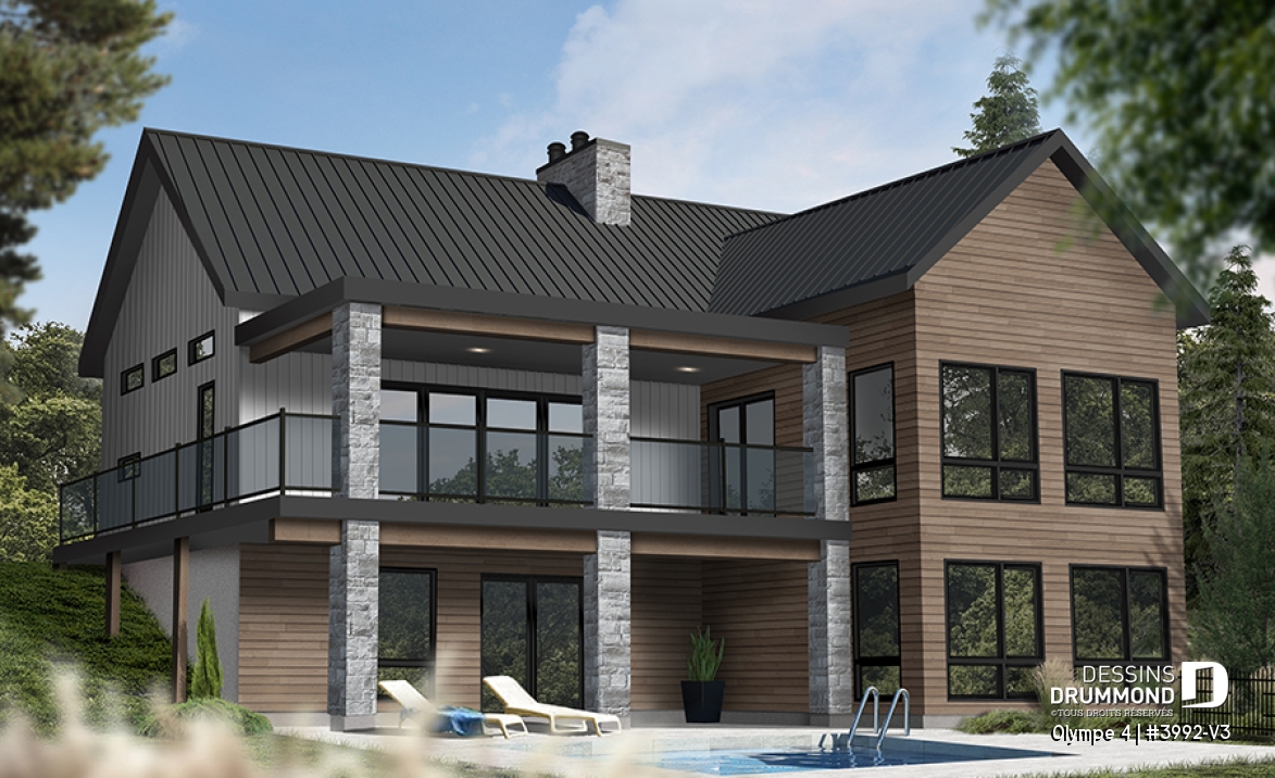 Vue arrière - MODÈLE DE BASE - Plan de maison ou chalet champêtre – rez-de-jardin, 3 chambres et 2 terrasses couvertes - Olympe 4
