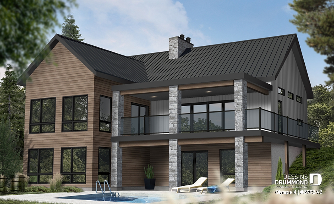 Vue arrière - MODÈLE DE BASE - Plan de maison ou chalet champêtre – rez-de-jardin, 3 chambres et 2 terrasses couvertes - Olympe 4