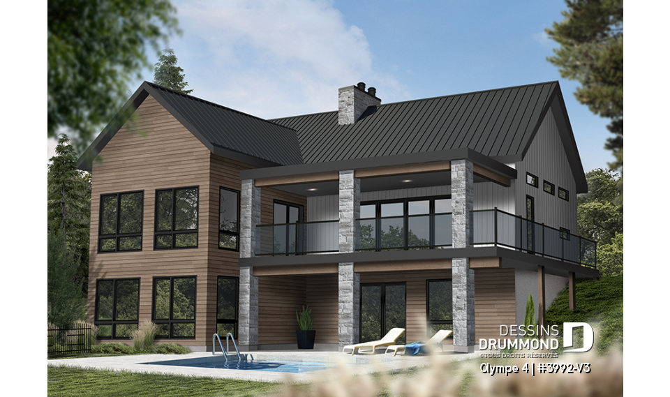 Vue arrière - MODÈLE DE BASE - Plan de maison ou chalet champêtre – rez-de-jardin, 3 chambres et 2 terrasses couvertes - Olympe 4