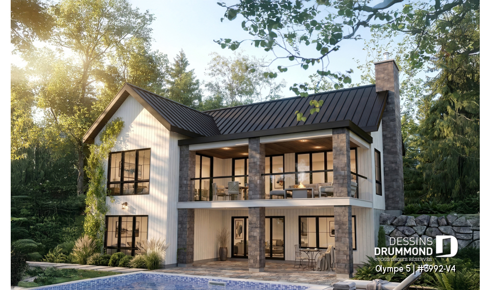 Vue arrière - MODÈLE DE BASE - Plan de farmhouse moderne avec 4 chambres, rez-de-jardin, plafond cathédral, deux grandes terrasses couvertes. - Olympe 5