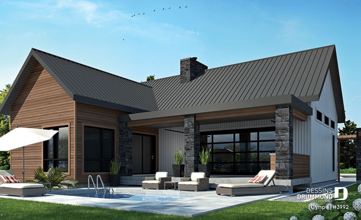 Vue arrière - MODÈLE DE BASE - Plan de maison scandinave moderne, plafond cathédrale avec poutres de bois, cuisine extérieure abritée, foyer - Olympe