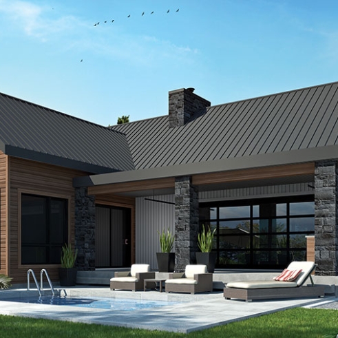 Vue arrière - MODÈLE DE BASE - Plan de maison scandinave moderne, plafond cathédrale avec poutres de bois, cuisine extérieure abritée, foyer - Olympe
