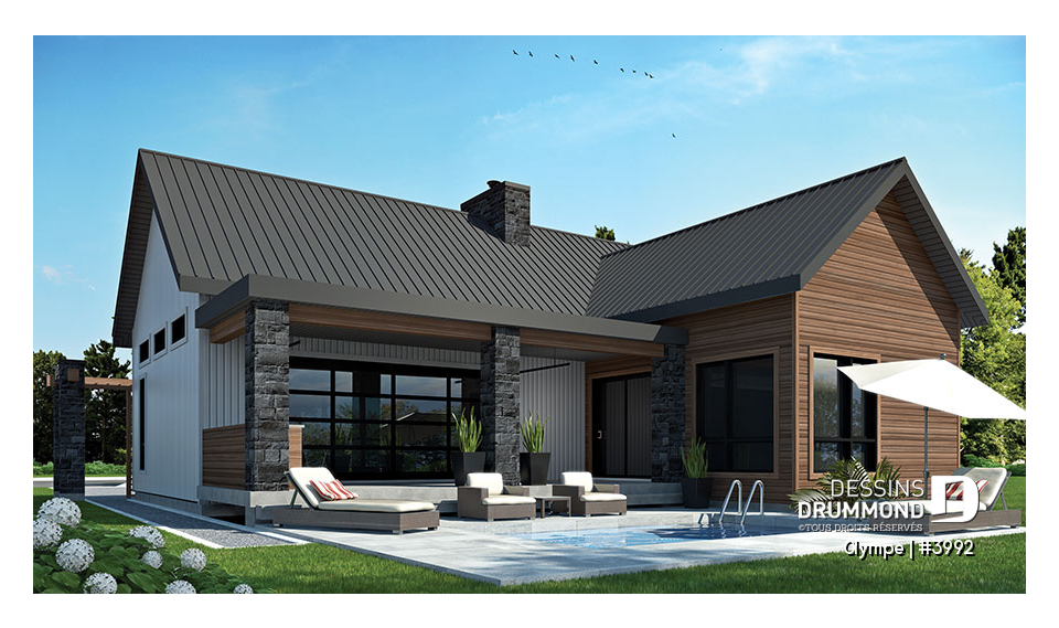 Vue arrière - MODÈLE DE BASE - Plan de maison scandinave moderne, plafond cathédrale avec poutres de bois, cuisine extérieure abritée, foyer - Olympe