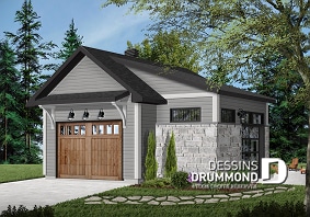 Version couleur no. 5 - Vue avant - Plan de garage une voiture, avec secteur bar & détente s'ouvrant sur la cour via une porte de garage latérale - The Nook