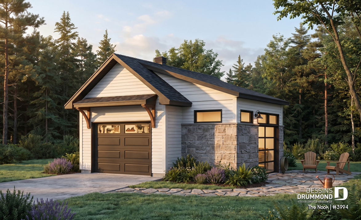 Vue avant - MODÈLE DE BASE - Plan de garage une voiture, avec secteur bar &amp; détente s'ouvrant sur la cour via une porte de garage latérale - The Nook