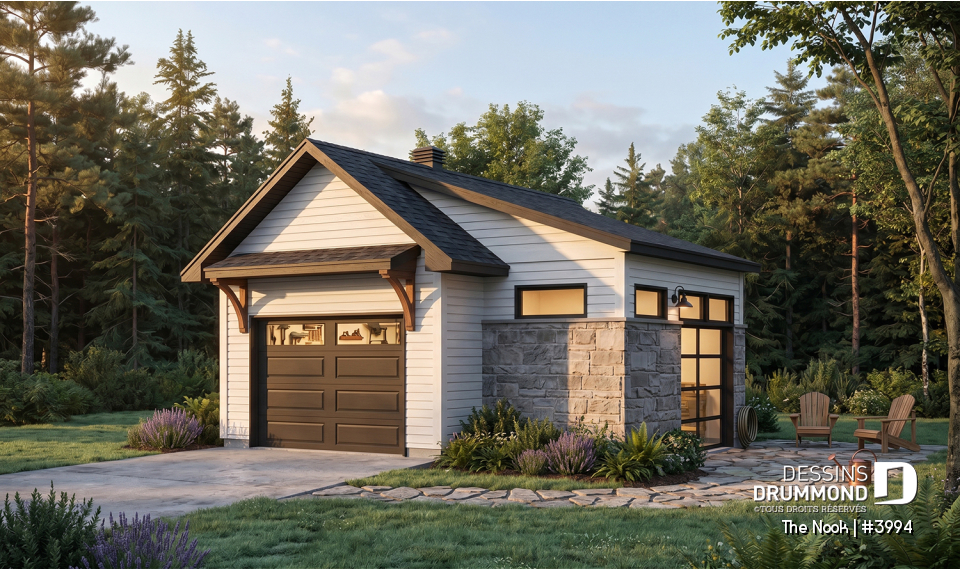 Vue avant - MODÈLE DE BASE - Plan de garage une voiture, avec secteur bar &amp; détente s'ouvrant sur la cour via une porte de garage latérale - The Nook