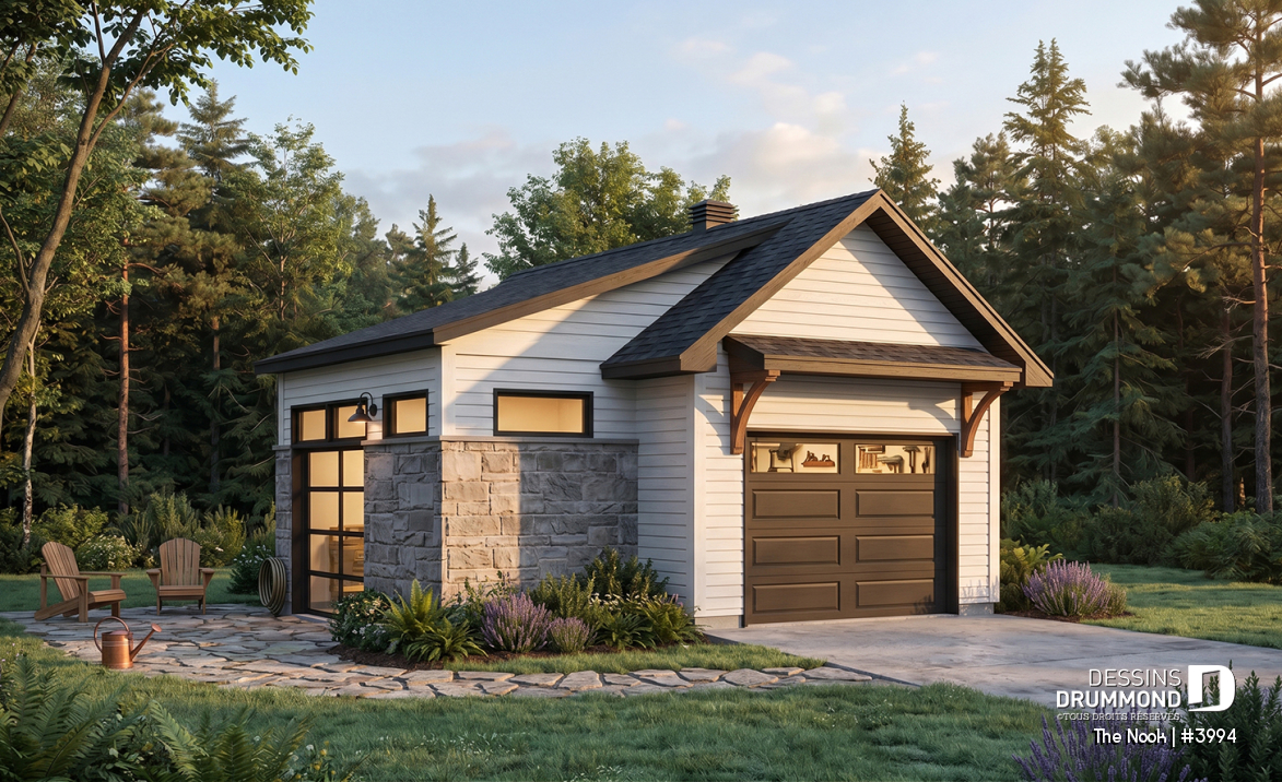 Vue avant - MODÈLE DE BASE - Plan de garage une voiture, avec secteur bar &amp; détente s'ouvrant sur la cour via une porte de garage latérale - The Nook