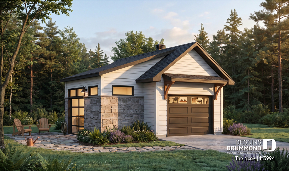 Vue avant - MODÈLE DE BASE - Plan de garage une voiture, avec secteur bar &amp; détente s'ouvrant sur la cour via une porte de garage latérale - The Nook