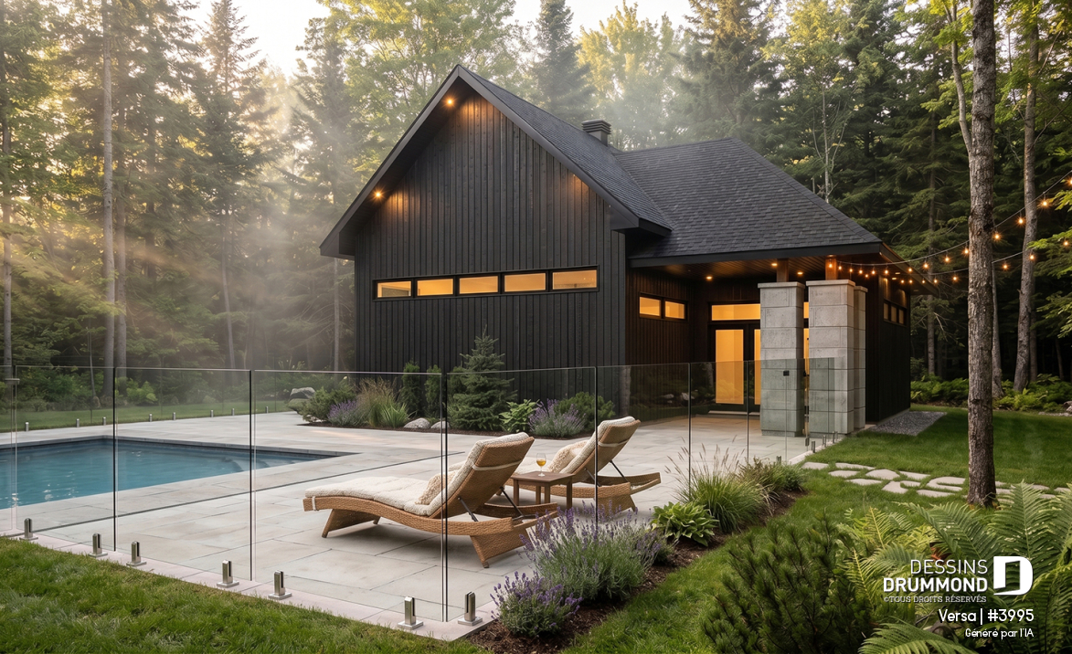 Vue arrière - MODÈLE DE BASE - Plan de garage 2 autos, coin atelier, secteur versatile pour table de pool, petit bar, pool house et garage - Versa