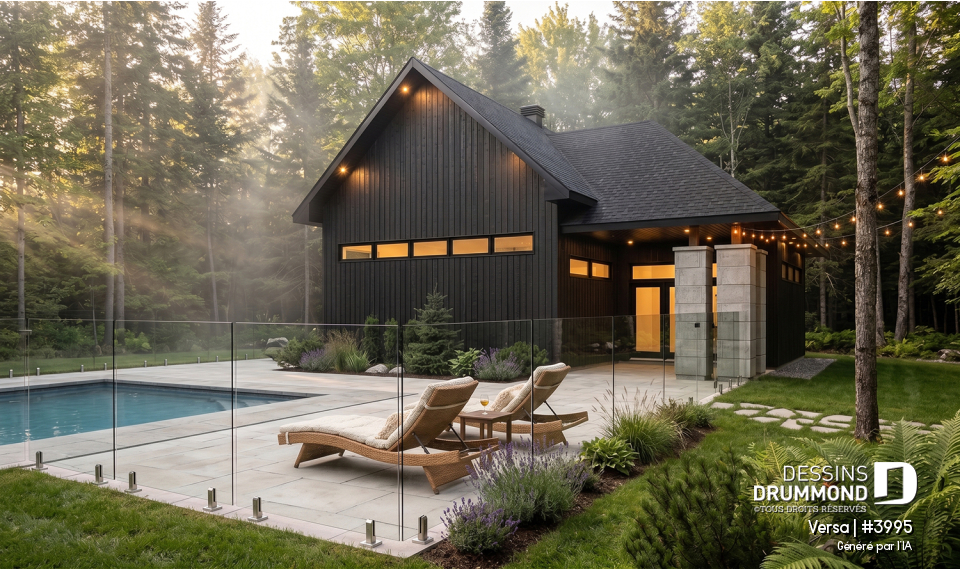 Vue arrière - MODÈLE DE BASE - Plan de garage 2 autos, coin atelier, secteur versatile pour table de pool, petit bar, pool house et garage - Versa