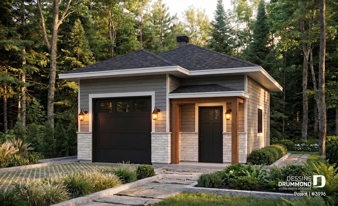 Vue avant - MODÈLE DE BASE - Plan de garage simple 20' x 24', plafond 10', style champêtre et farmhouse, rangement optimisé, murs isolés  - Passat