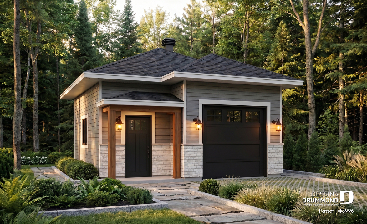 Vue avant - MODÈLE DE BASE - Plan de garage simple 20' x 24', plafond 10', style champêtre et farmhouse, rangement optimisé, murs isolés  - Passat