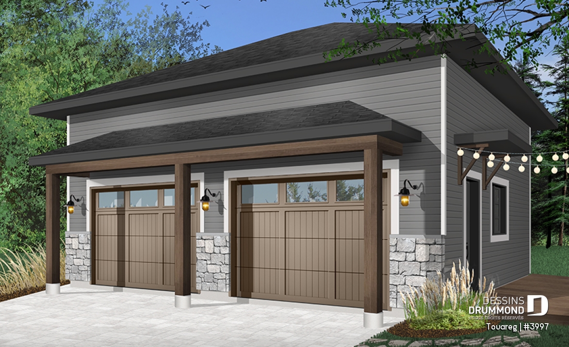 Version couleur no. 2 - Vue avant - Plan de garage double, style moderne rustique, plafond à 12 pieds. - Touareg