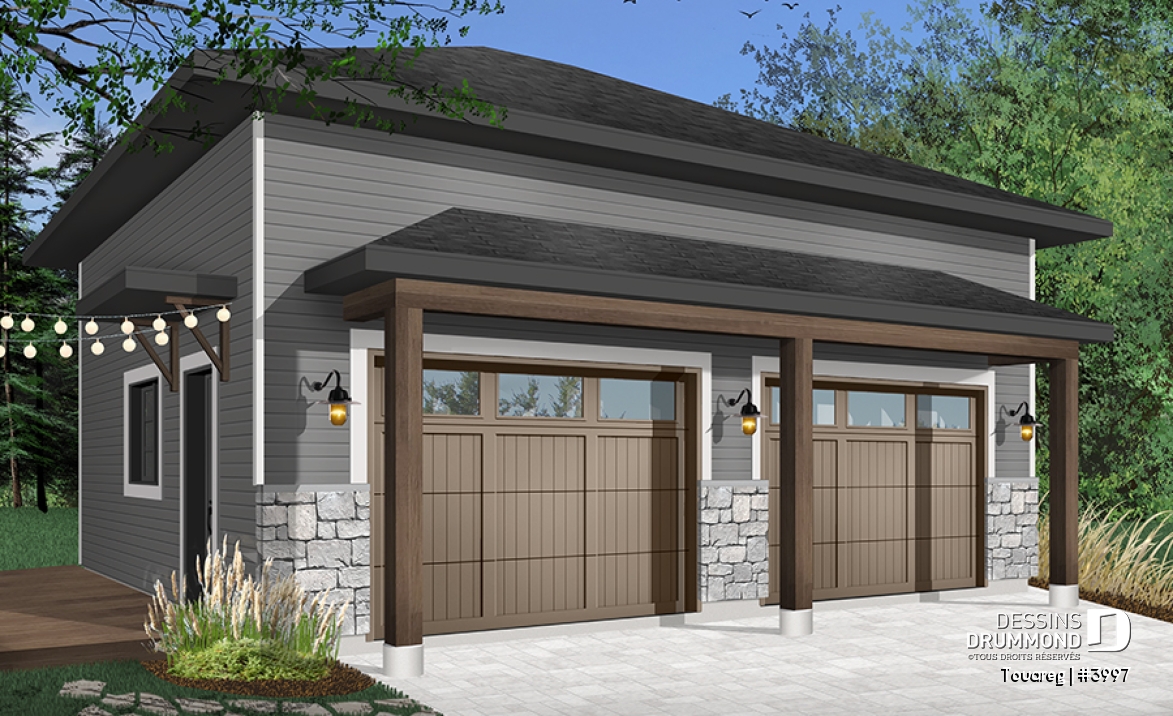 Version couleur no. 2 - Vue avant - Plan de garage double, style moderne rustique, plafond à 12 pieds. - Touareg