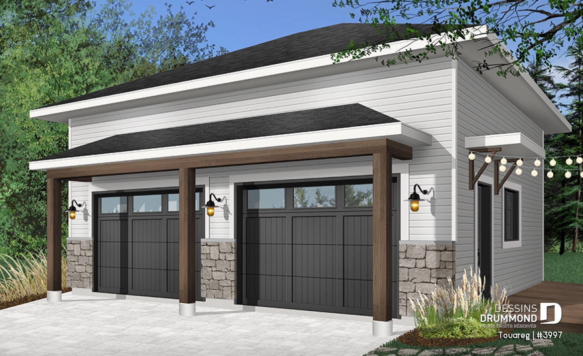 Version couleur no. 7 - Vue avant - Plan de garage double, style moderne rustique, plafond à 12 pieds. - Touareg