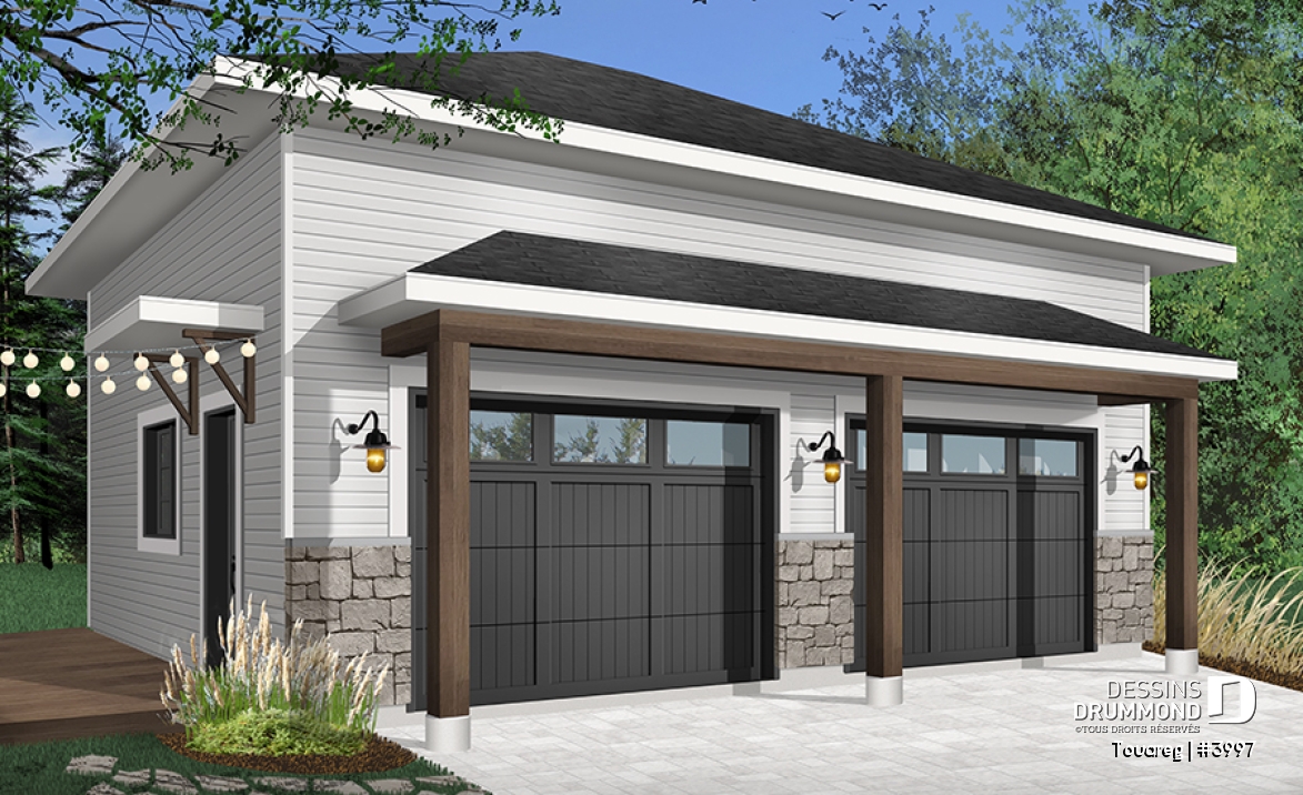 Version couleur no. 7 - Vue avant - Plan de garage double, style moderne rustique, plafond à 12 pieds. - Touareg