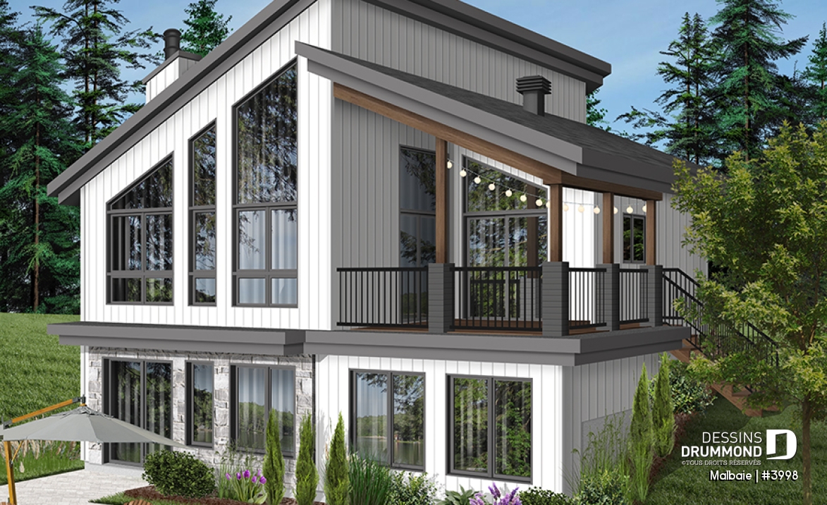 Vue arrière - MODÈLE DE BASE - Modèle genre chalet de ski, terrasse abritée, 3 chambres, 2 s. bain, aire ouverte, rangement pour ski - Malbaie