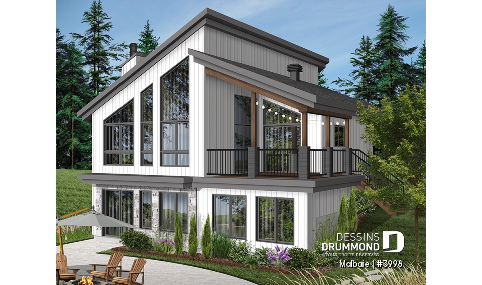 Vue arrière - MODÈLE DE BASE - Modèle genre chalet de ski, terrasse abritée, 3 chambres, 2 s. bain, aire ouverte, rangement pour ski - Malbaie